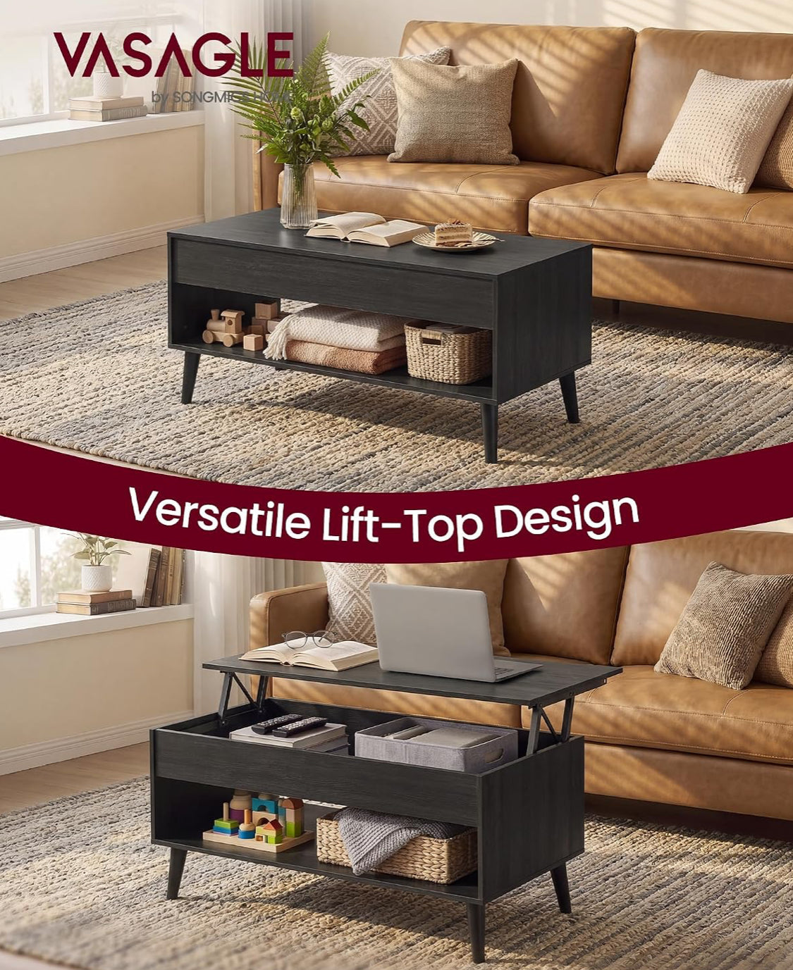 New Open Box VASAGLE Lift Top Coffee Table With Hidden Storage, Charcoal Gray