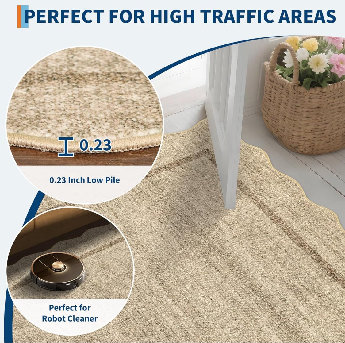 New GarveeHome Scalloped Modern Non Slip & Washable 9’ x 12’ Area Rug, Jute