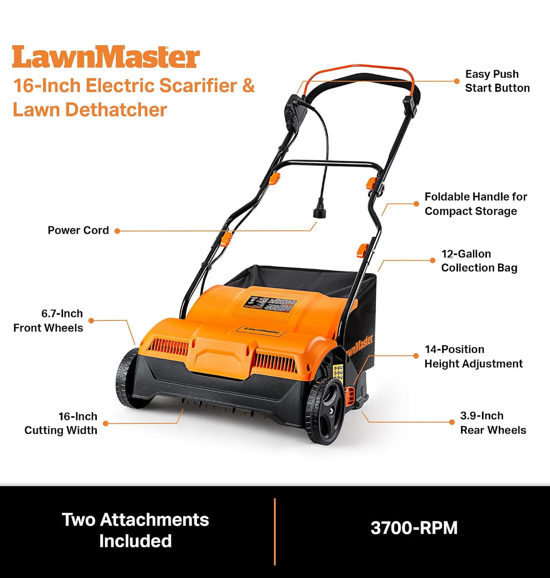 New Other LawnMaster Electric 16” 13Amp Dethatcher & Scarifier W/ Collection Bag