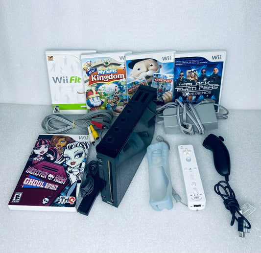 Nintendo Wii System Black W/Wii Plus Remote Controller & 5 Video Games - (READ)