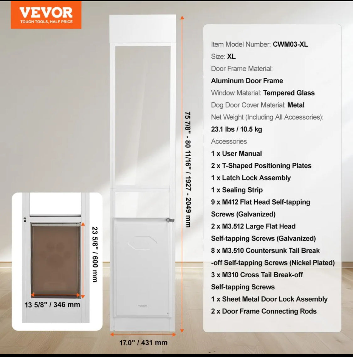 New Other VEVOR Dog Door For Sliding Glass Door W/ 75 7/8"-80 11/16" Height