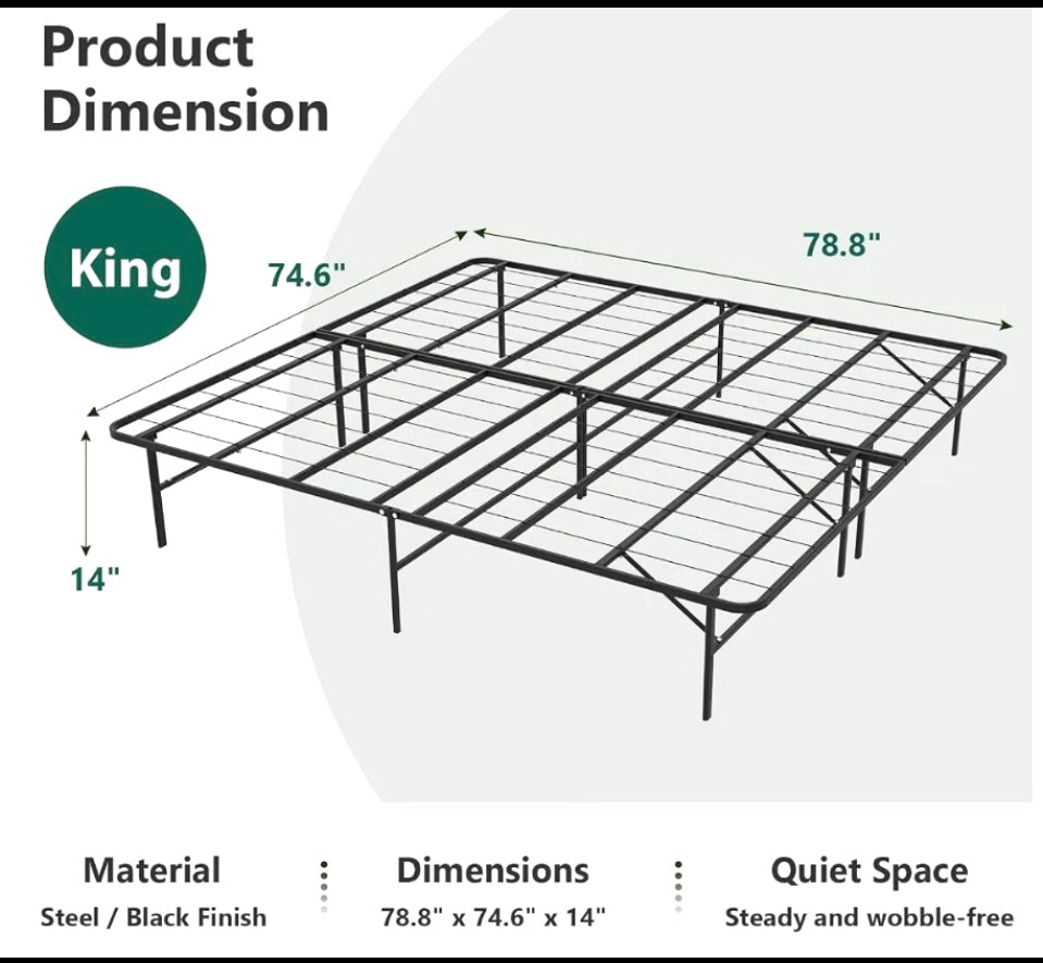 New King Size Folding Platform Bed Frame, 14” Underbed Storage, Black