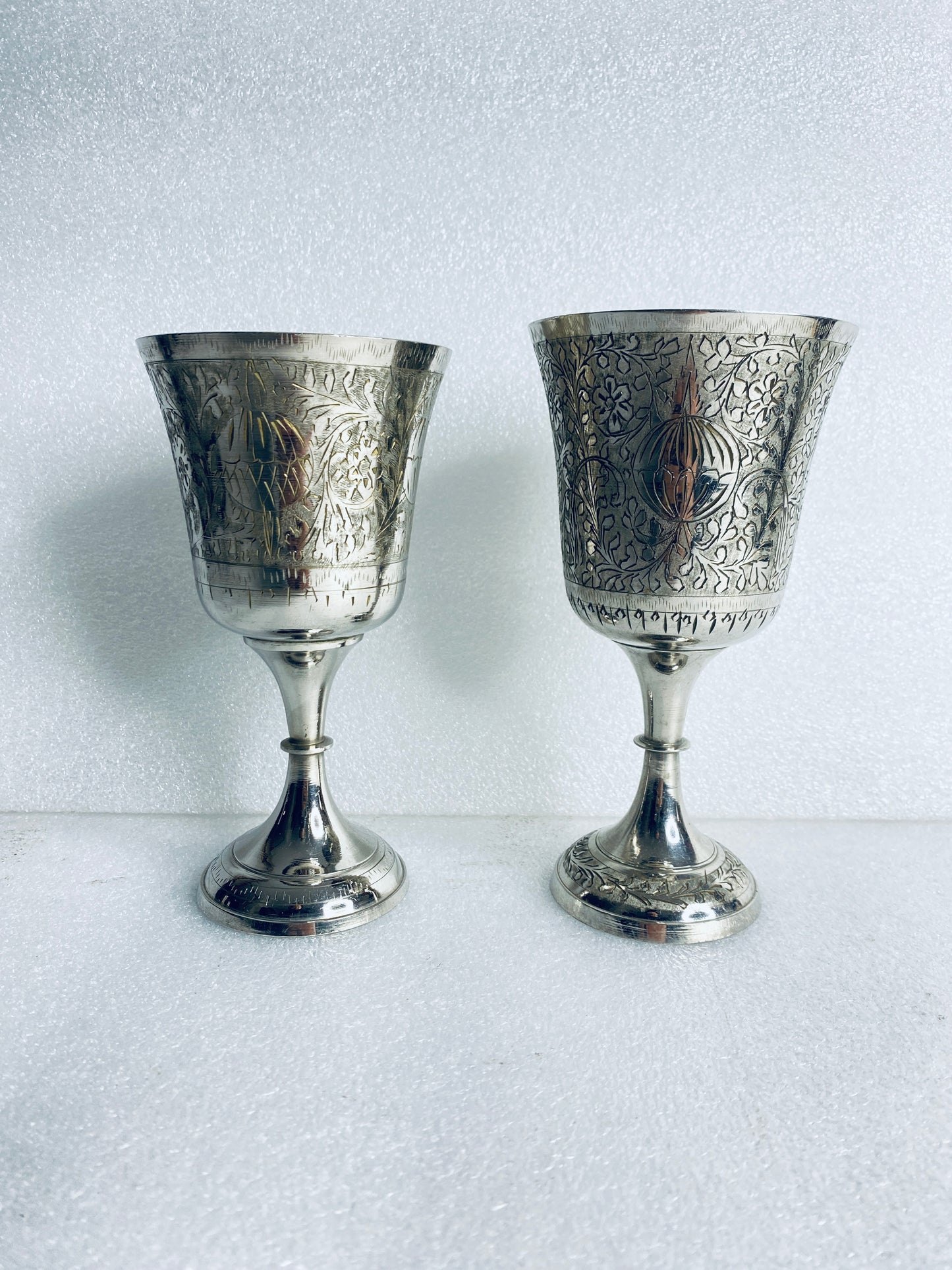 Lot Of 2-Vintage World Gift Z.Y. India Chalice Goblet Etched Brass Silver Plated