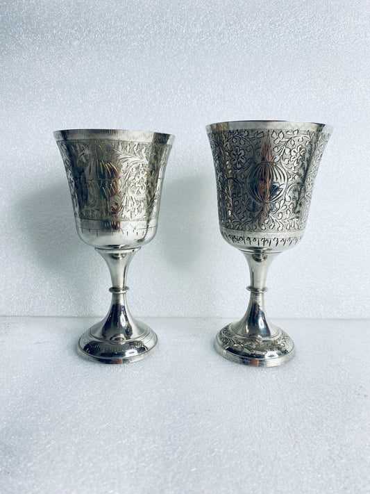 Lot Of 2-Vintage World Gift Z.Y. India Chalice Goblet Etched Brass Silver Plated