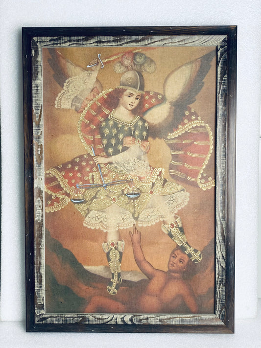 Religious Cusco Painting Michael Archangel Judging Satin, 26" x 18" x 1"