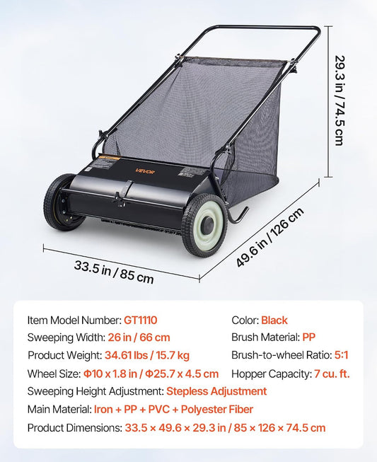 New Other Vevor Push Lawn Sweeper 26” Leaf & Grass Collector, Rubber Wheels