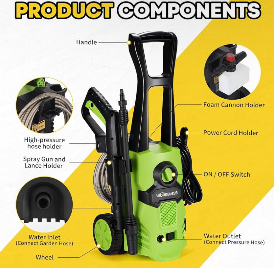WorkBless 1200 PSI Electric Power Pressure Washer With Angle-Adjustment Nozzle, Green