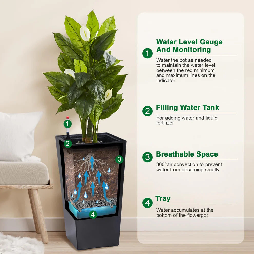 Set Of 2-New Garvee 23” Tall Outdoor Planter Flower Pots W/ Water Level Monitor