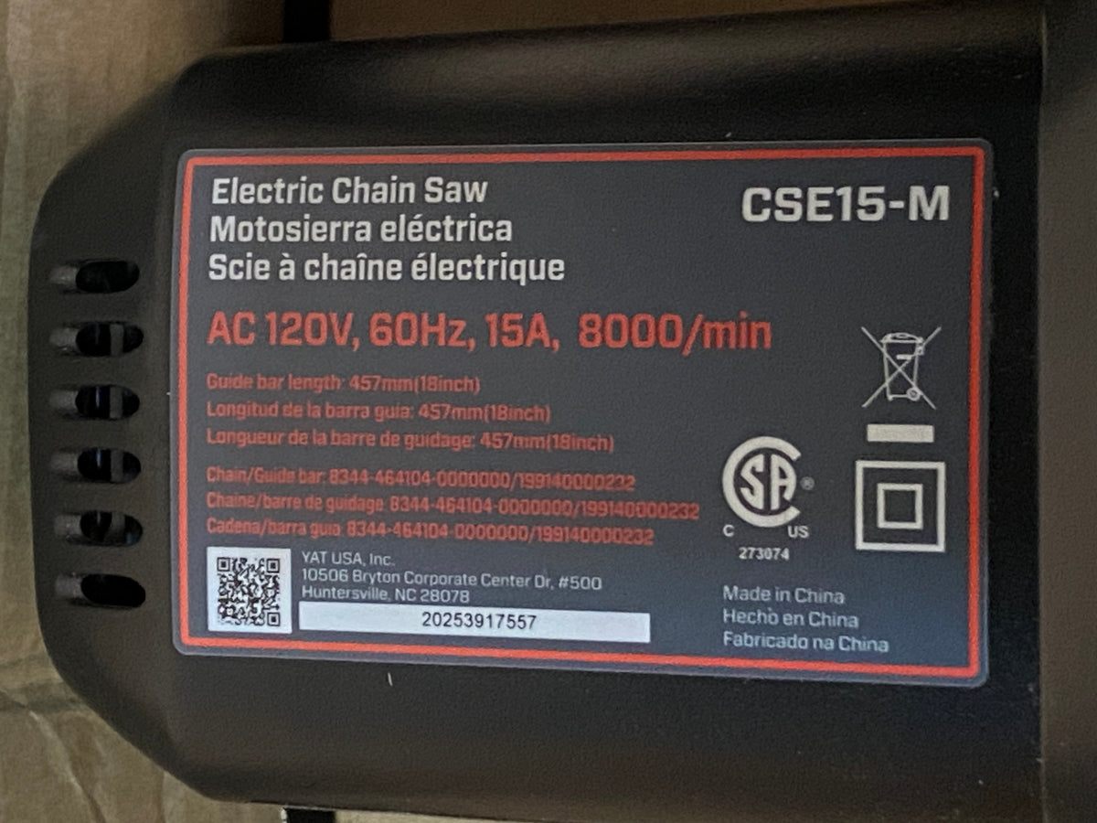 SENIX 18” Corded Electric Chainsaw With 15 Amp Motor