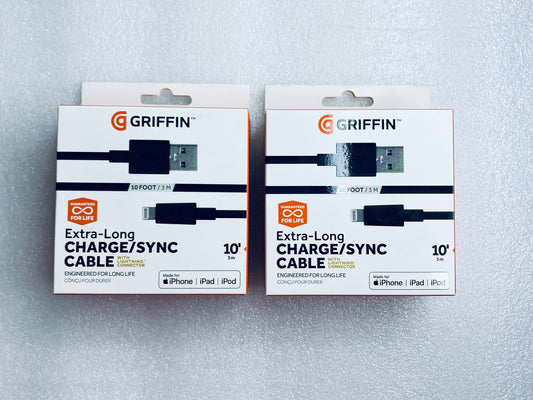 Lot Of 2 - New Griffin 10'/3M Charge/Sync Cable W/ USB To Lightning Connector