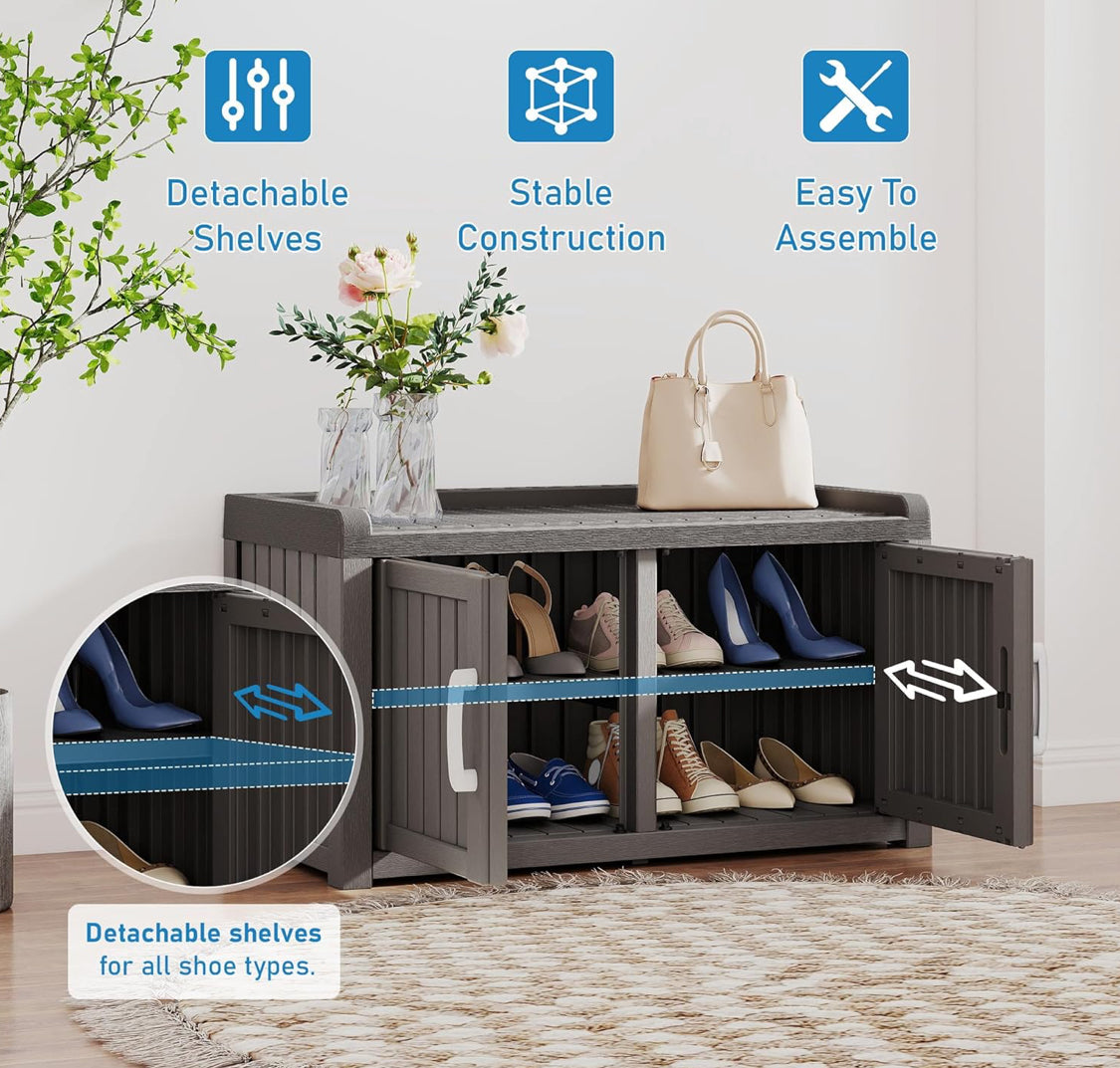 New KAMABOKO Indoor/Outdoor Shoe Cabinet Storage Bench With 2 Barn Doors, Gray