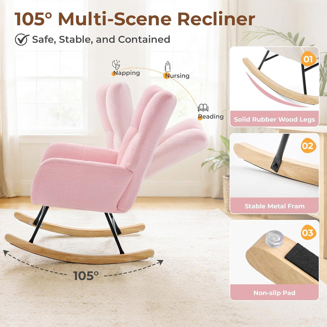 New Other DUMOS Nursery Upholstered Teddy Glider Rocking Armchair, Pink