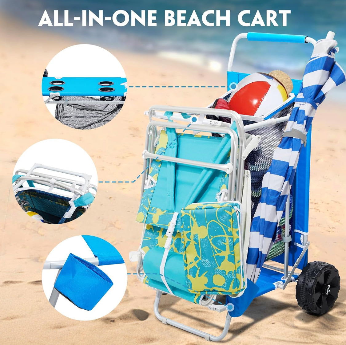 Old Bahama Bay 2-in-1 Folding Beach Cart With Big Wheels For Sand, Blue