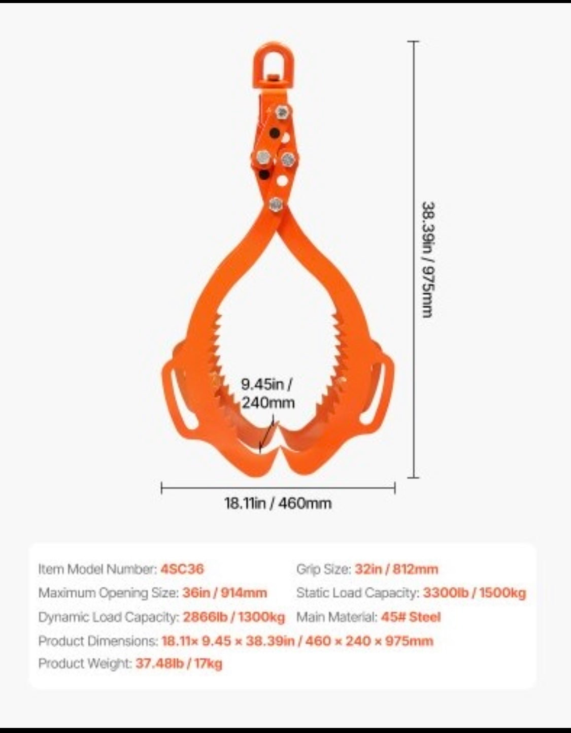 New Other VEVOR 36” 4-Claw Log Lifting Tongs With 3300LBS Lifting Capacity