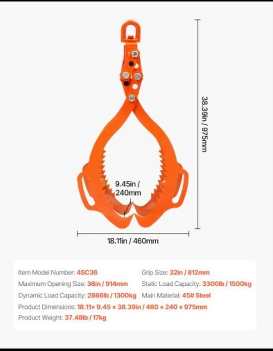 New Other VEVOR 36” 4-Claw Log Lifting Tongs With 3300LBS Lifting Capacity