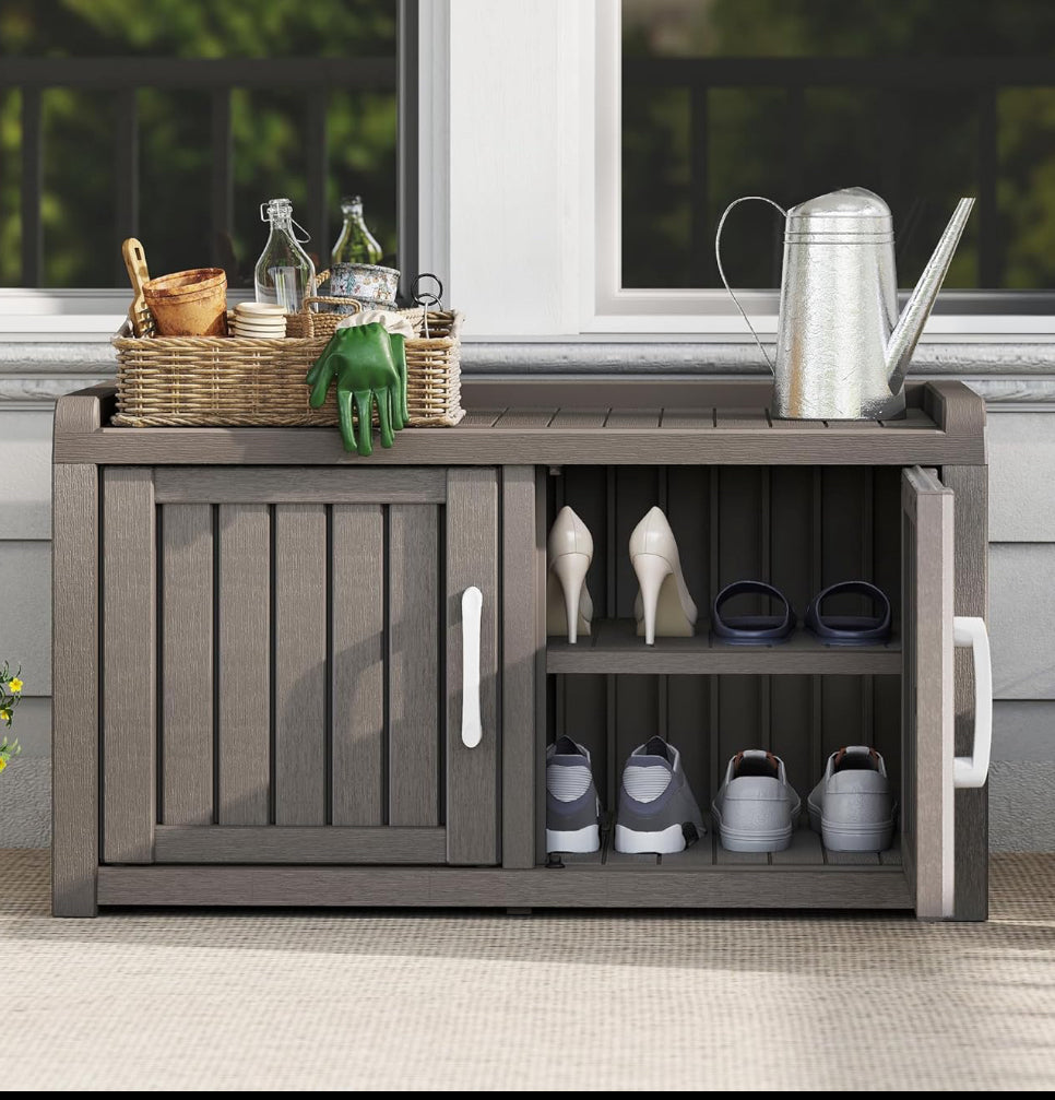 New KAMABOKO Indoor/Outdoor Shoe Cabinet Storage Bench With 2 Barn Doors, Gray