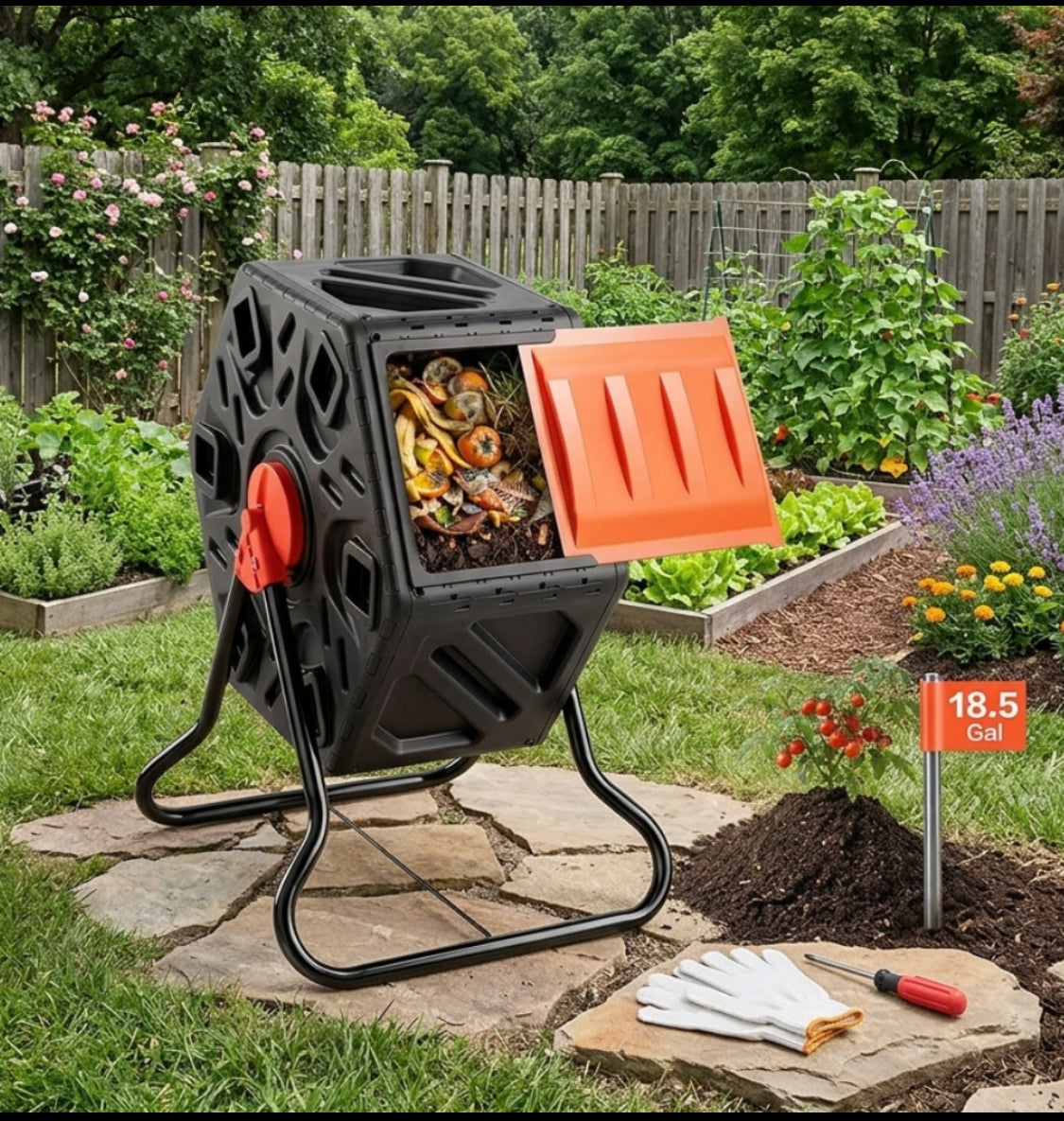 New Other VEVOR 18.5-Gal Compost Rotating Tumbler Bin, Black/Orange