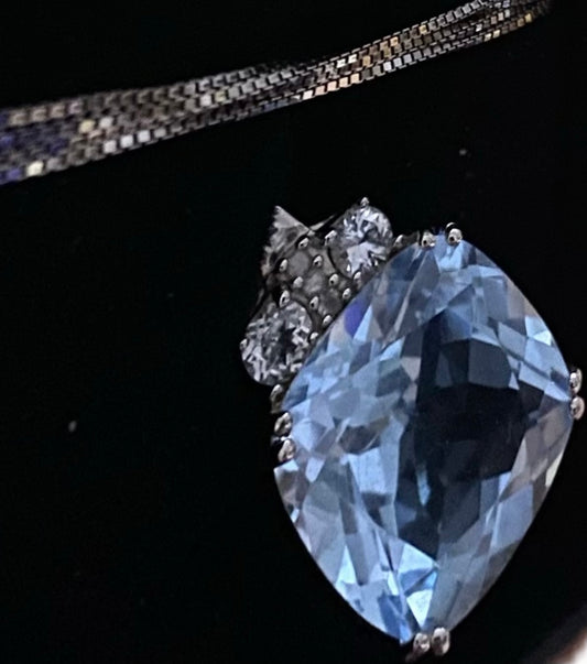 New Designer s925 Sterling Silver 5.5 Ct Cushion Swiss Blue Topaz Pendant Diamond 18” Necklace 4.5g