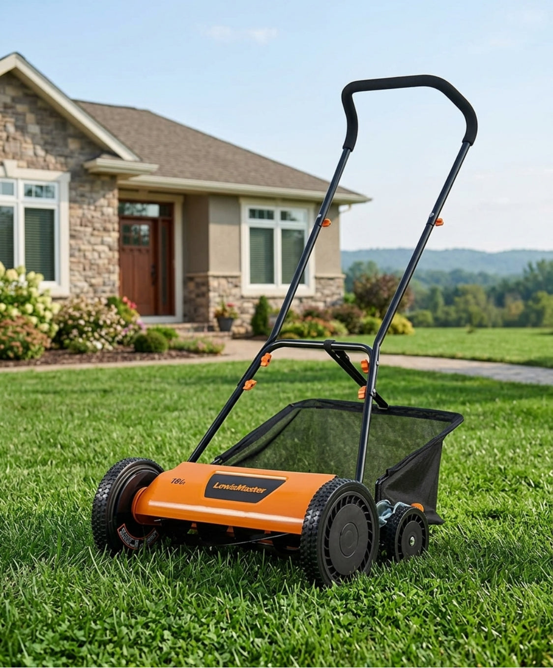 Like New LawnMaster 18" 5-Blade Manual Push Reel Lawn Mower, Orange/Black