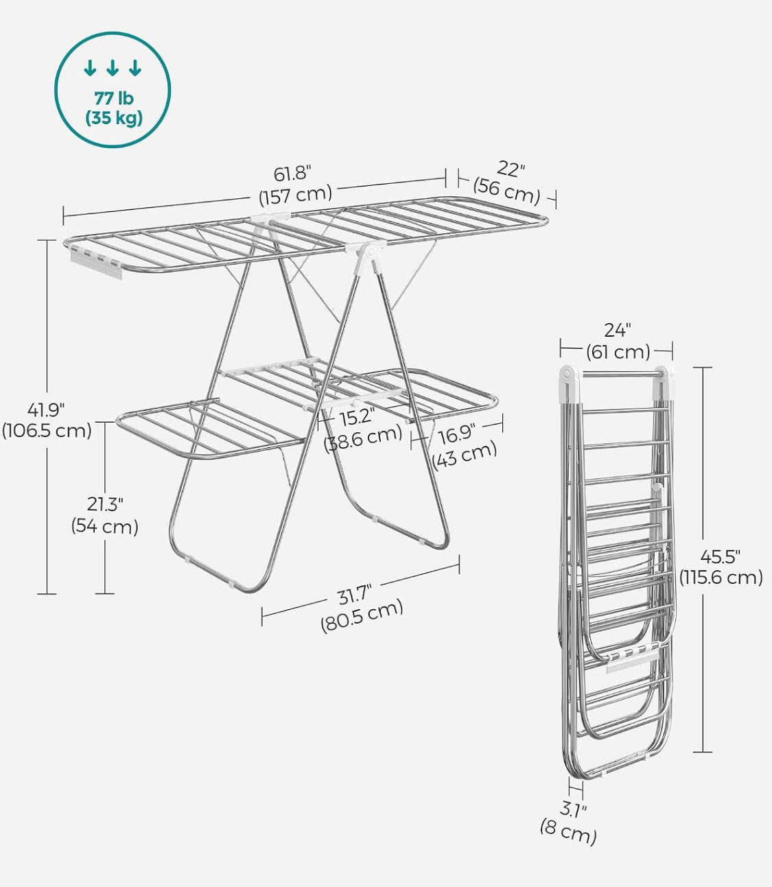 New SONGMICS Foldable 2-Level Laundry Clothes Drying Rack, Silver