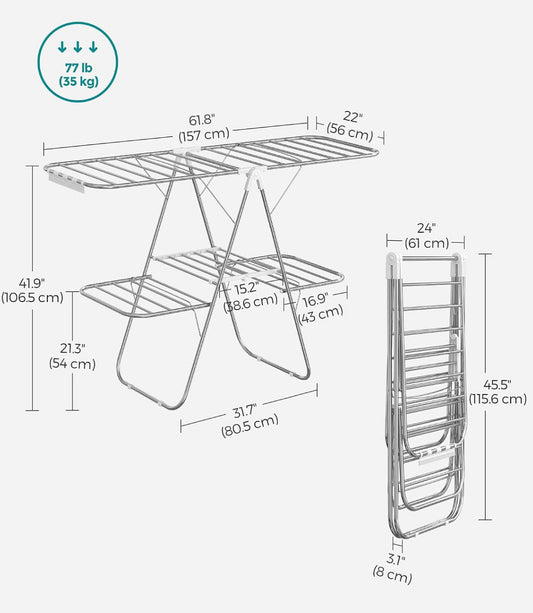 New SONGMICS Foldable 2-Level Laundry Clothes Drying Rack, Silver
