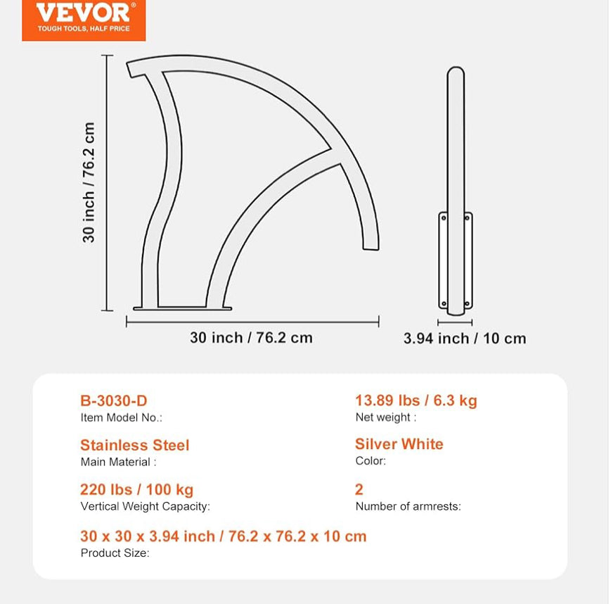 Set Of 2 New Other VEVOR Stainless Steel 30” x 30” Pool Handrails W/ Base Plate
