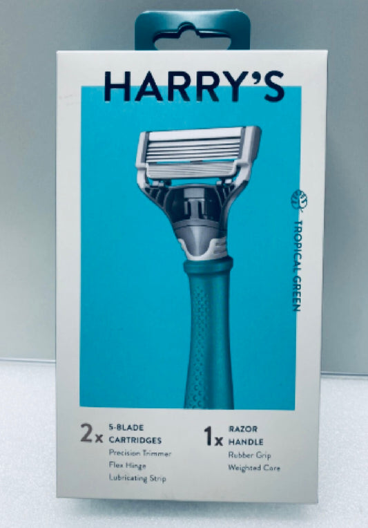 new - HARRY'S TROPICAL GREEN Razor Handle + 2 / 5-Blade Cartridges