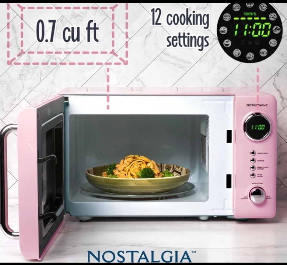 Like New Nostalgia 7 Cu. Ft. Retro Compact Countertop Microwave Oven, Pink
