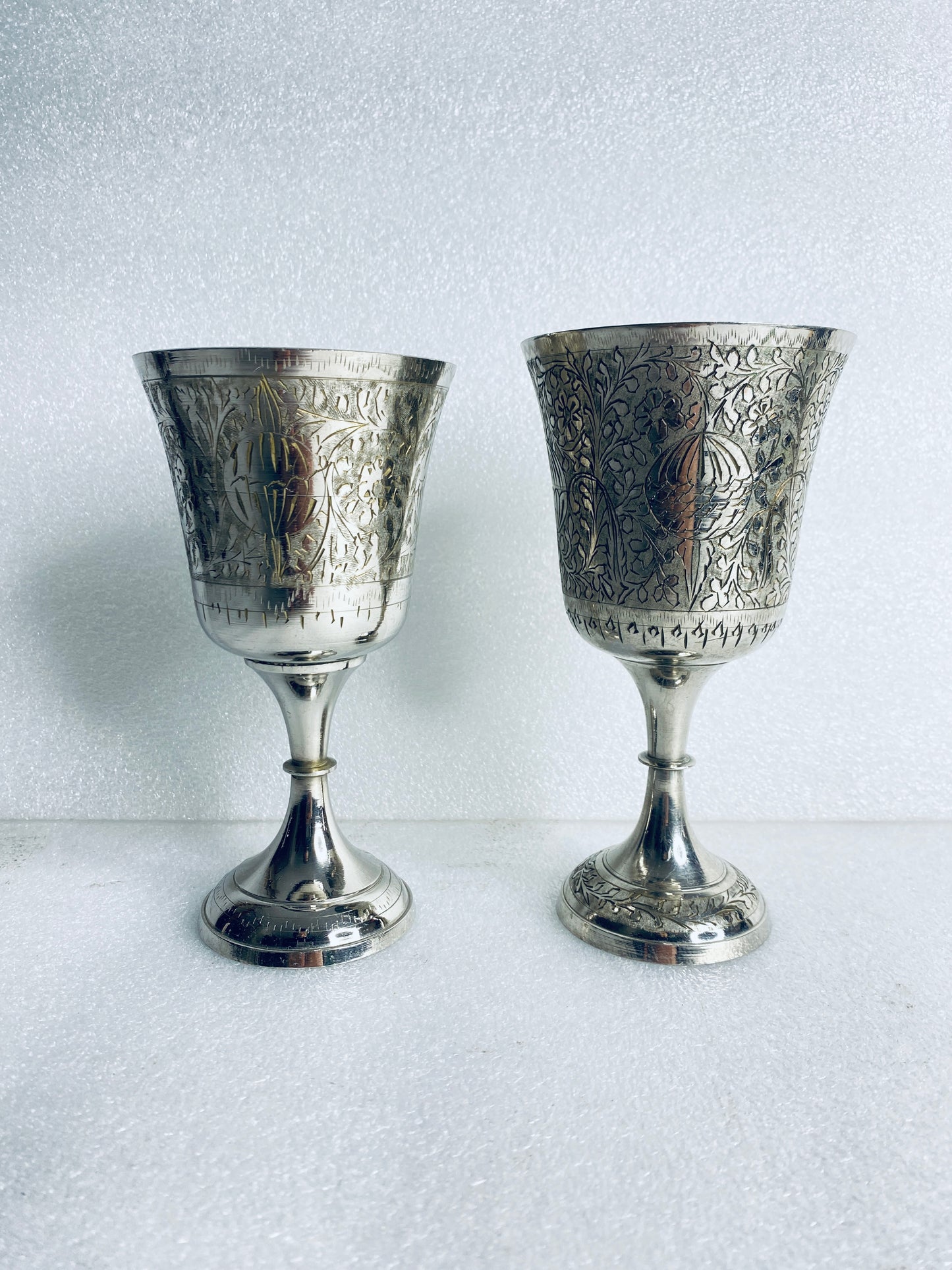 Lot Of 2-Vintage World Gift Z.Y. India Chalice Goblet Etched Brass Silver Plated