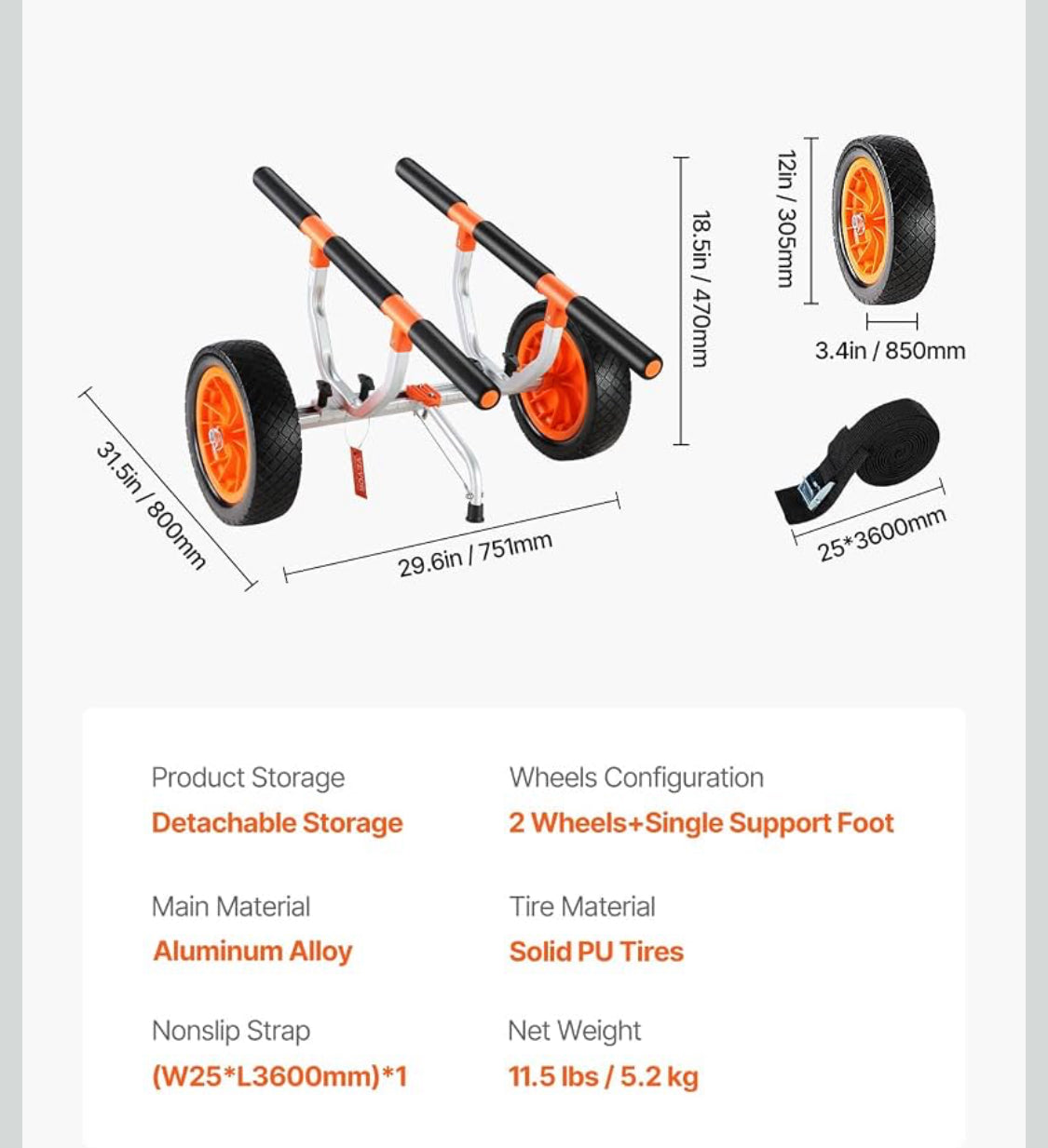 New Other VEVOR Heavy Duty 450lb Load Capacity Kayak Cart With 12'' Solid Tires