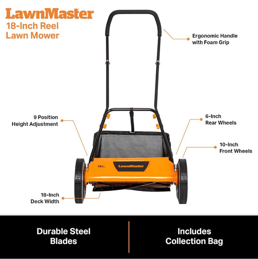 New Other LawnMaster 18 Inch 5-Blade Manual Push Reel Lawn Mower, Black/Orange