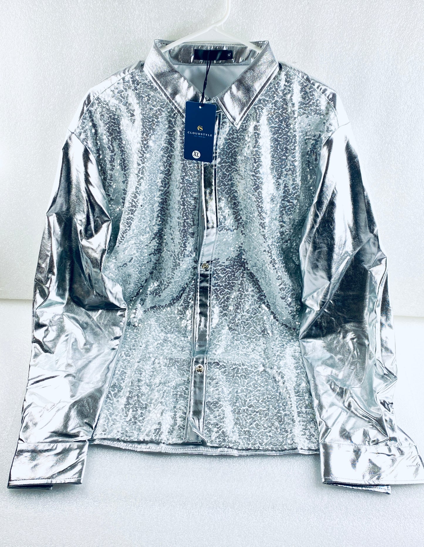 New CloudStyle Men's Stage Sequin Size XL Long Sleeve Party Lapel Shirt