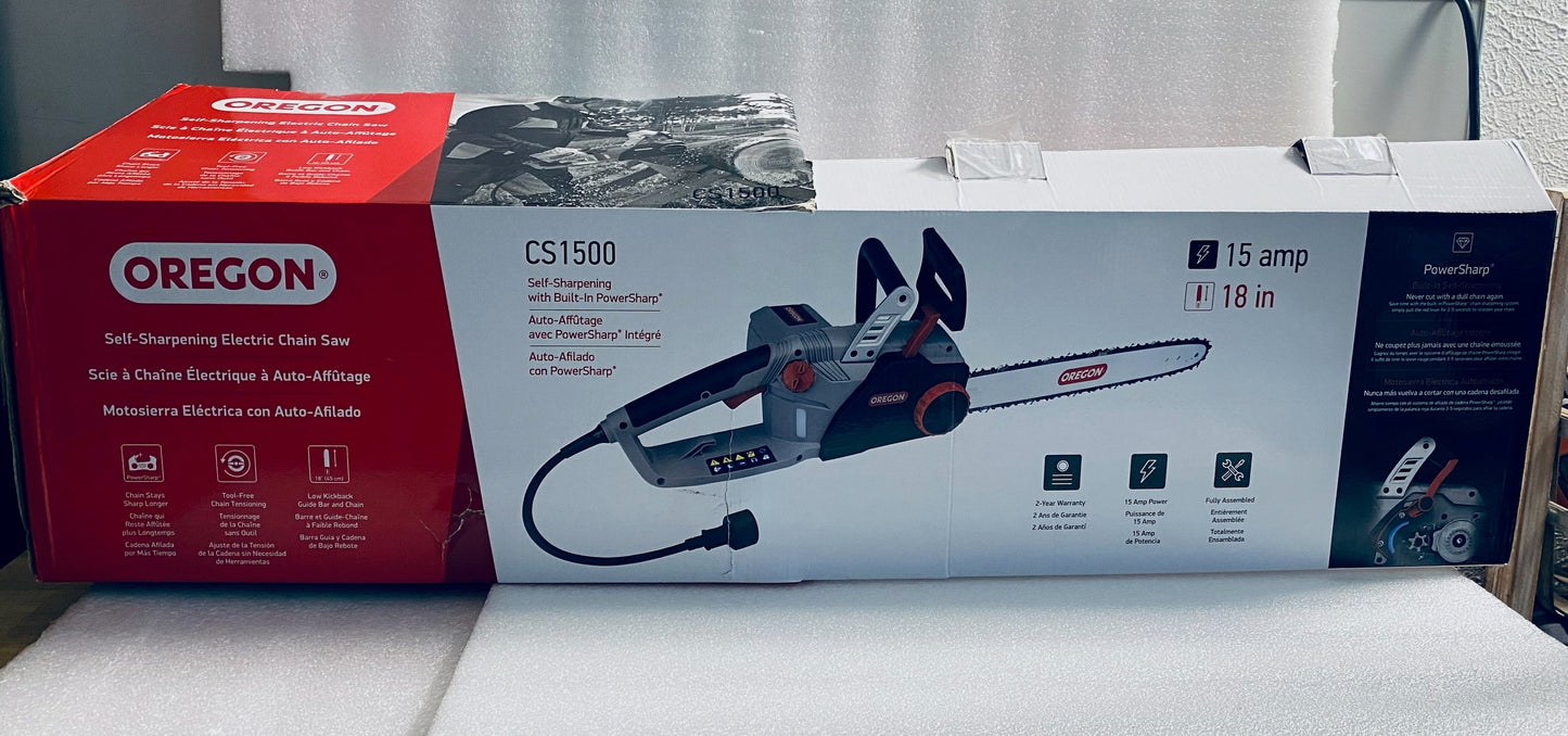 New Open Box Oregon CS1500 Self-Sharpening Electric Chain Saw With 18” Bar
