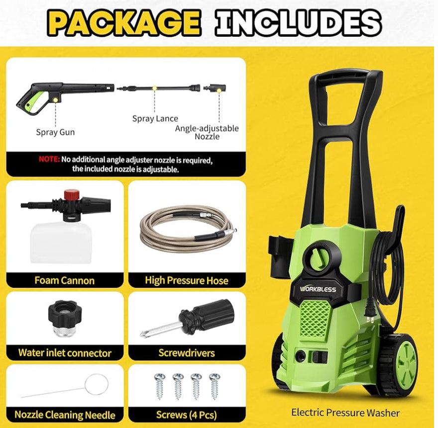 WorkBless 1200 PSI Electric Power Pressure Washer With Angle-Adjustment Nozzle, Green