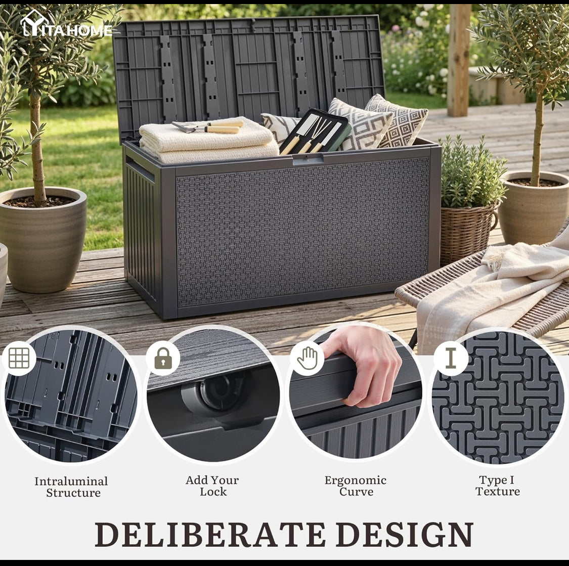 New Other YITAHOME 90 Gal Large Outdoor Lockable Deck Box W/ Handles, Dark Grey