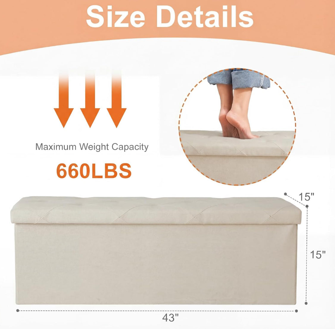 New Open Box NEWBULIG 43” Folding Storage Ottoman Bench, Beige