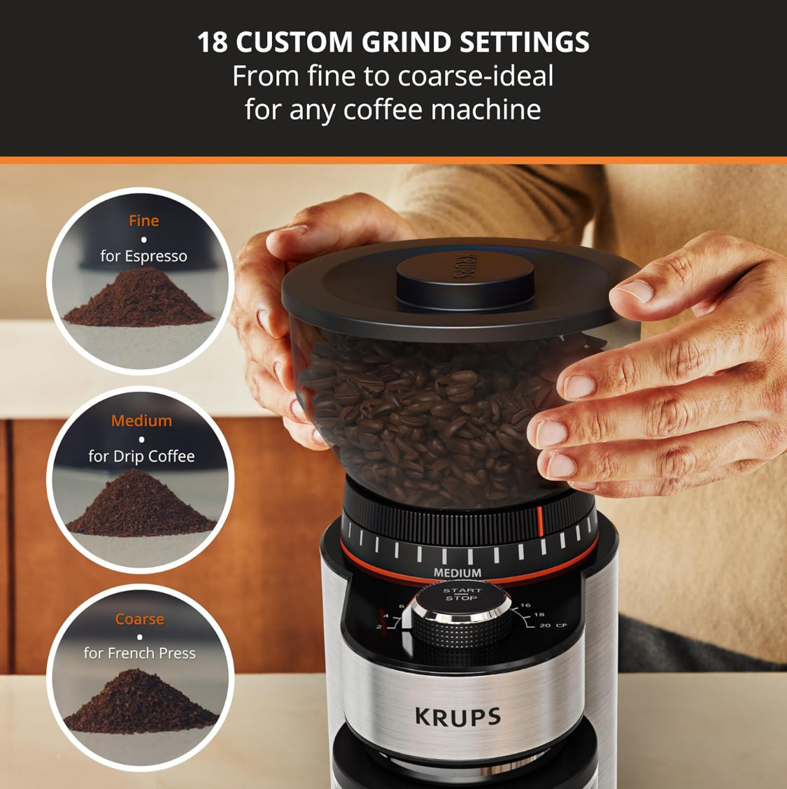 KRUPS Flat Burr Coffee Grinder 18 Settings 2-20 Cups, Black/Stainless Steel
