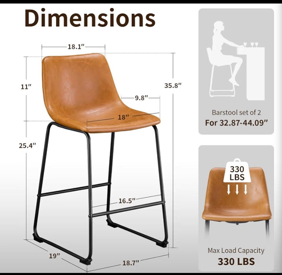 Set Of 2 - New STOOLINK 26” Bar Stools For Kitchen Island, Whiskey Brown