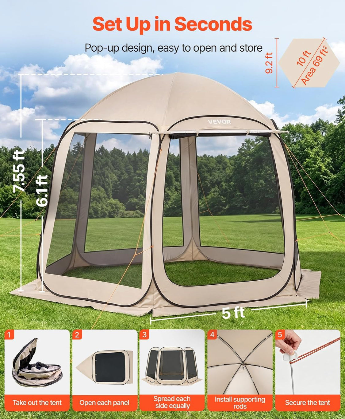Like New VEVOR 10’ x 9.2’ Pop Up Screen House Tent With Awning For 4–8 People