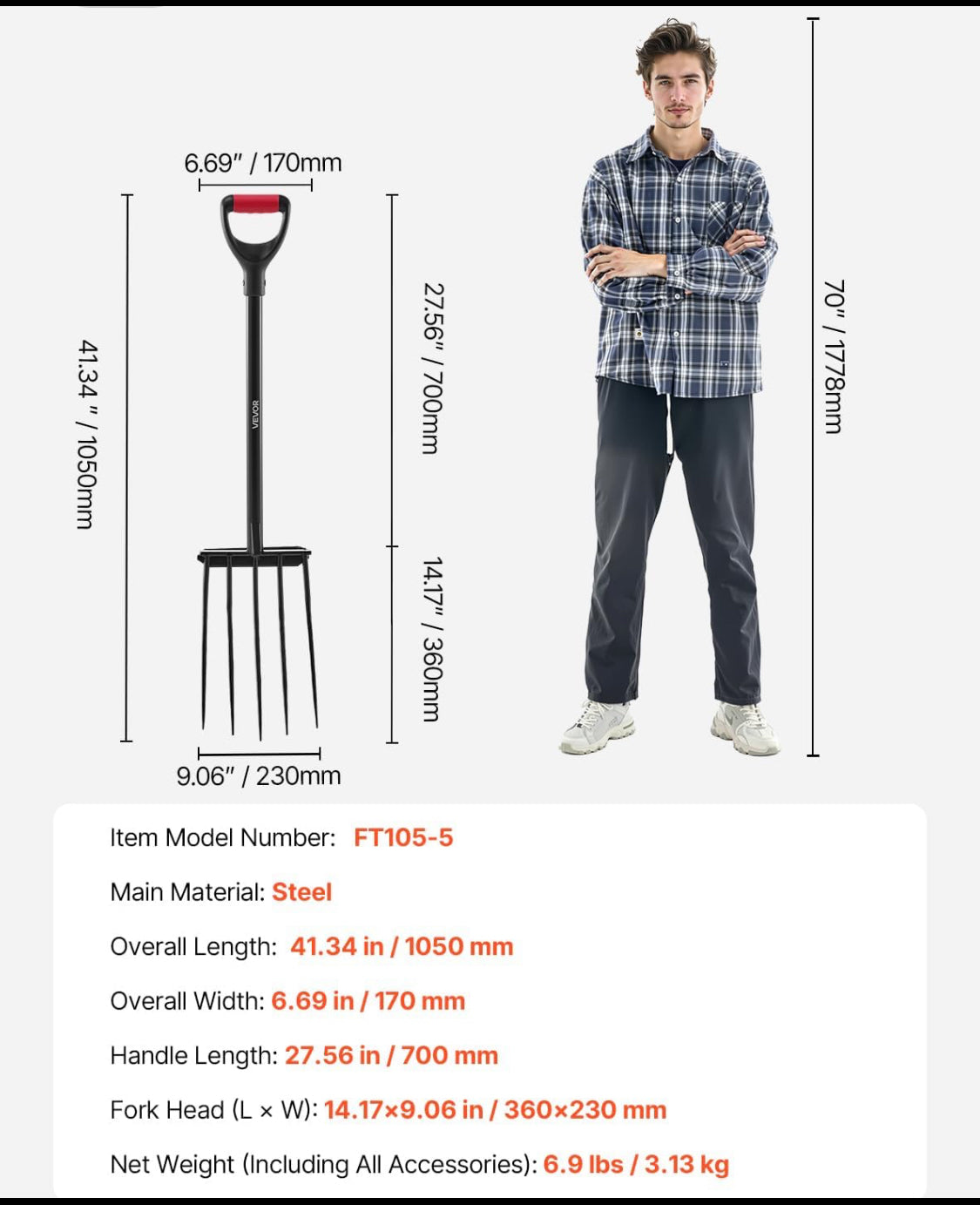 New Other VEVOR 41” Garden Fork 5-Tine Gardening Pitchfork With Metal, Black