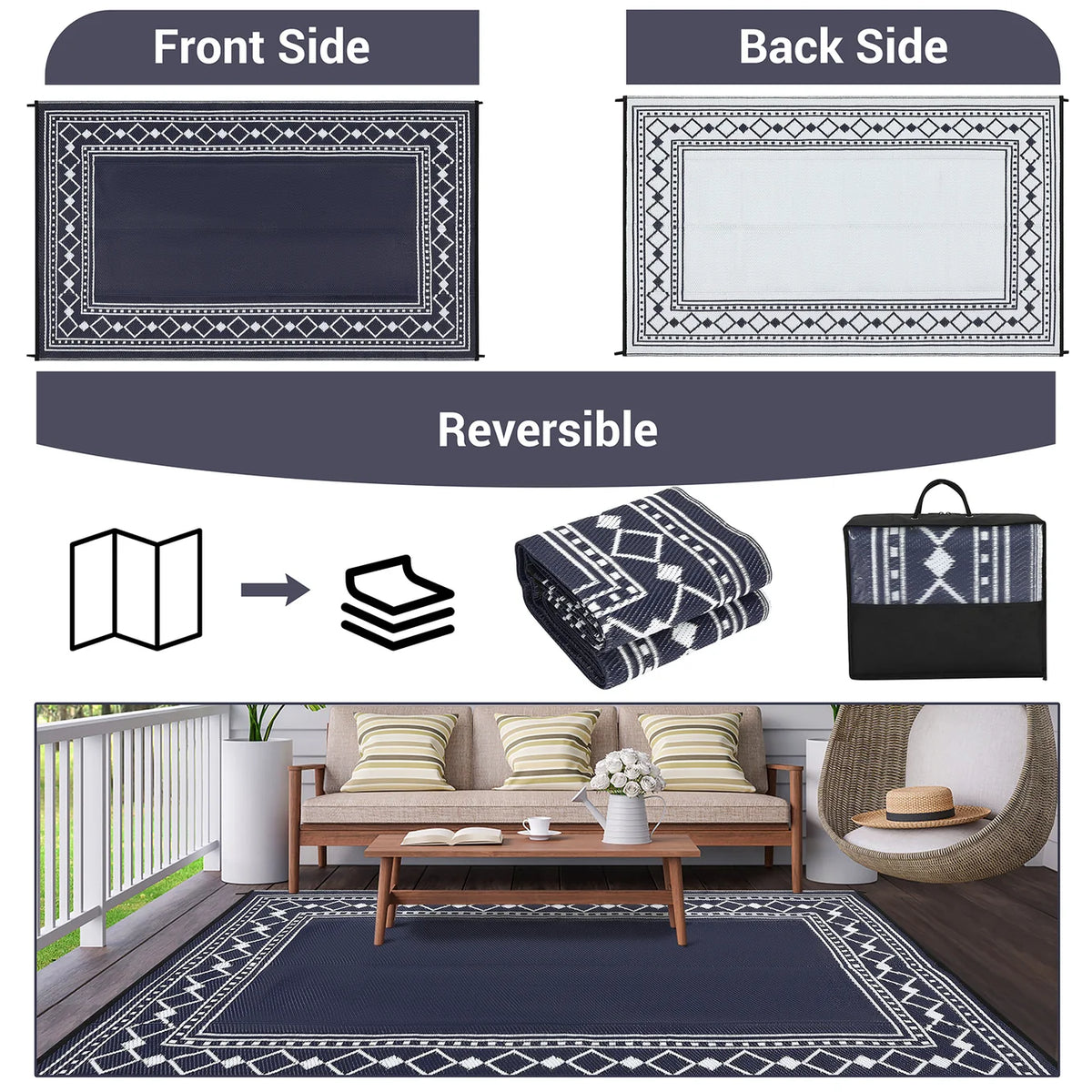 New Open Box Garvee 9’ x 18’ Outdoor Foldable Reversible Plastic Straw Rug