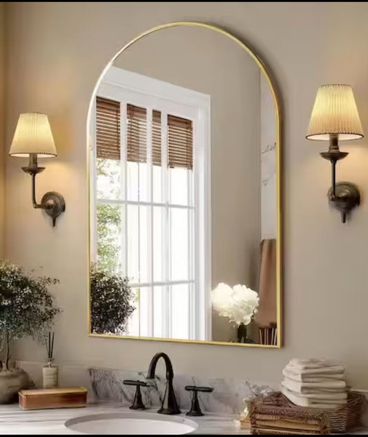 New Open Box Relyblo 26” W x 38” H Arched Framed Wall Mirror W/ Metal Frame Gold