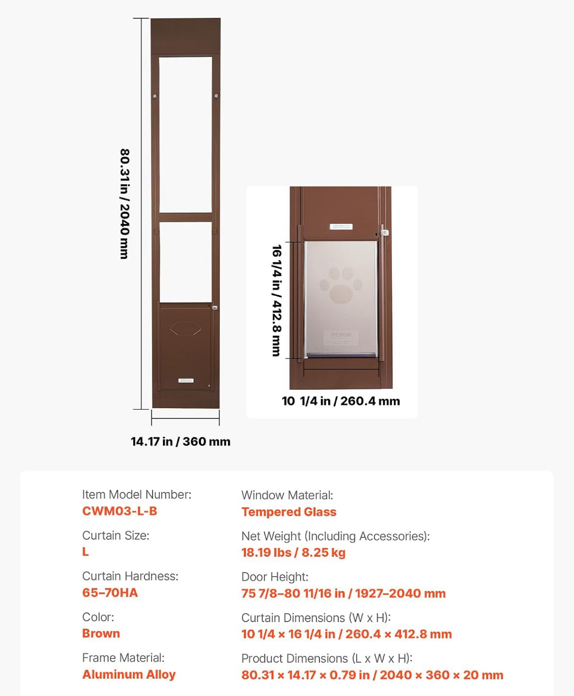 New Other VEVOR Dog Door For Sliding Glass Door W/ 10 1/4” x 16 1/4” Flap, Brown