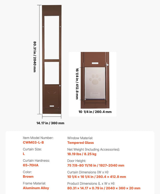 New Other VEVOR Dog Door For Sliding Glass Door W/ 10 1/4” x 16 1/4” Flap, Brown