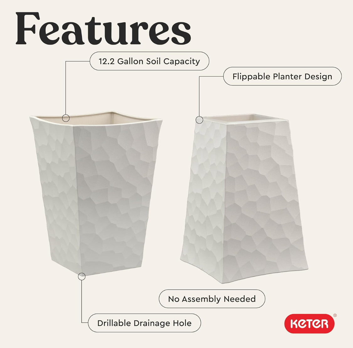 Set Of 2 - New Other Keter 26.4” Tall Stone Outdoor Flower Pots With Stone‑Look