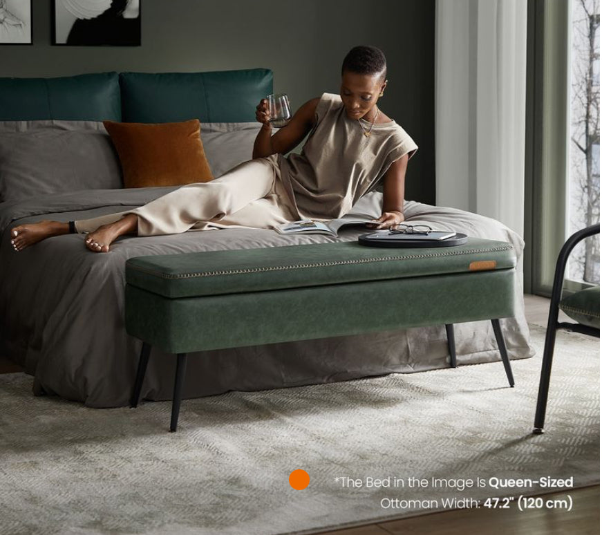 New Open Box VASAGLE Storage Ottoman Bench With Steel Legs, Forest Green