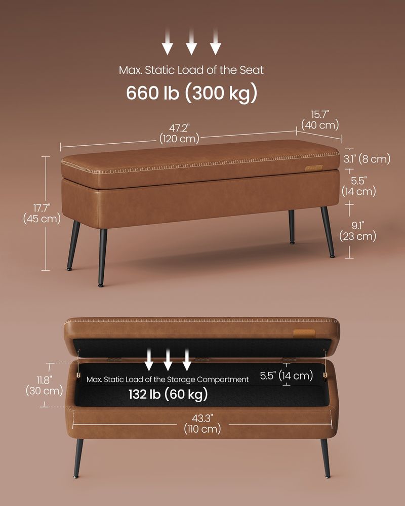 VASAGLE EKHO Collection Storage Ottoman Bench With Steel Legs, Caramel Brown