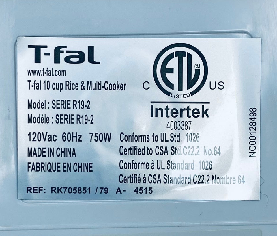 T-Fal 10 Cup 750W Rice & Multi-Cooker, White