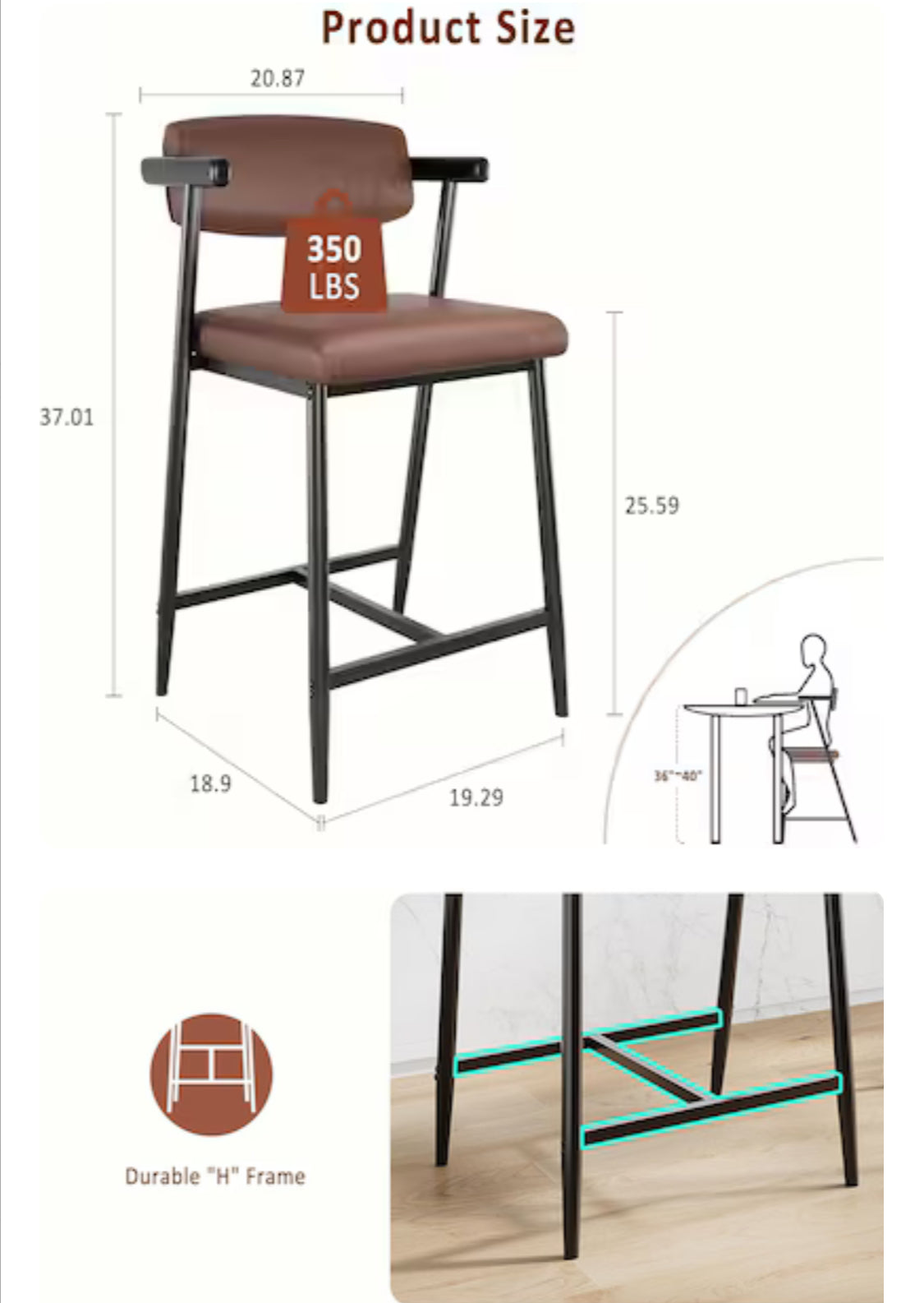 Set Of 2 – New GarveeLife Bar Stools With Armrests & Backrest, Padded Brown