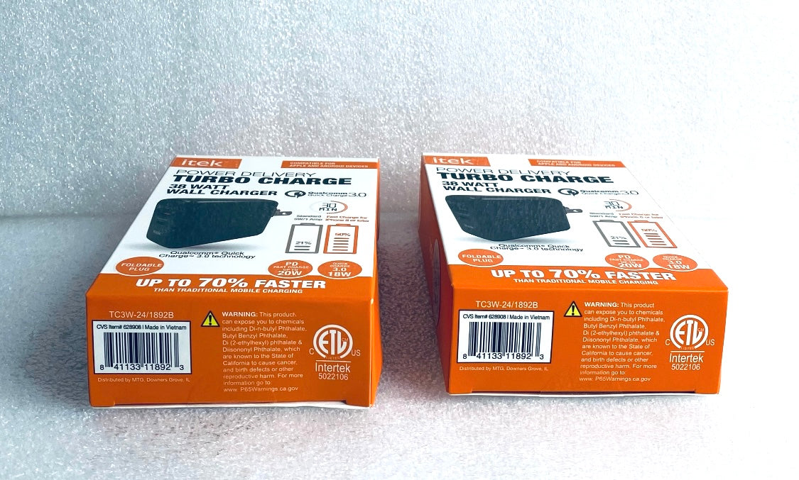 Lot Of 2 - New Itek Power Delivery Turbo Charge 38 Watt Wall Charger Black